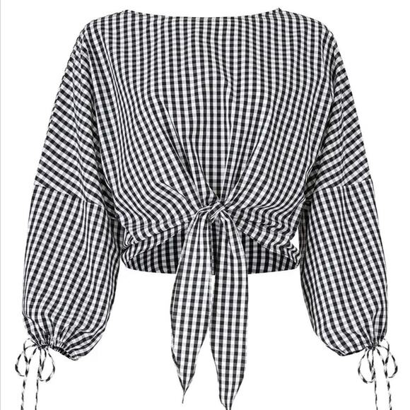 Greylin Millie Blouse Gingham Plaid Checker Top Tie Front Shirt Black White S - Picture 10 of 10
